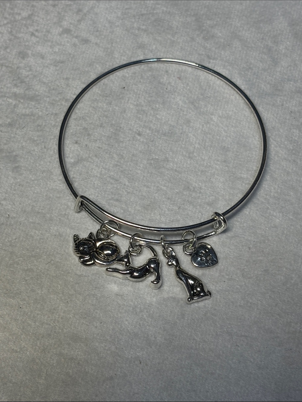 Cattitude Silver Cat Charm Adjustable Bangle Bracelet
